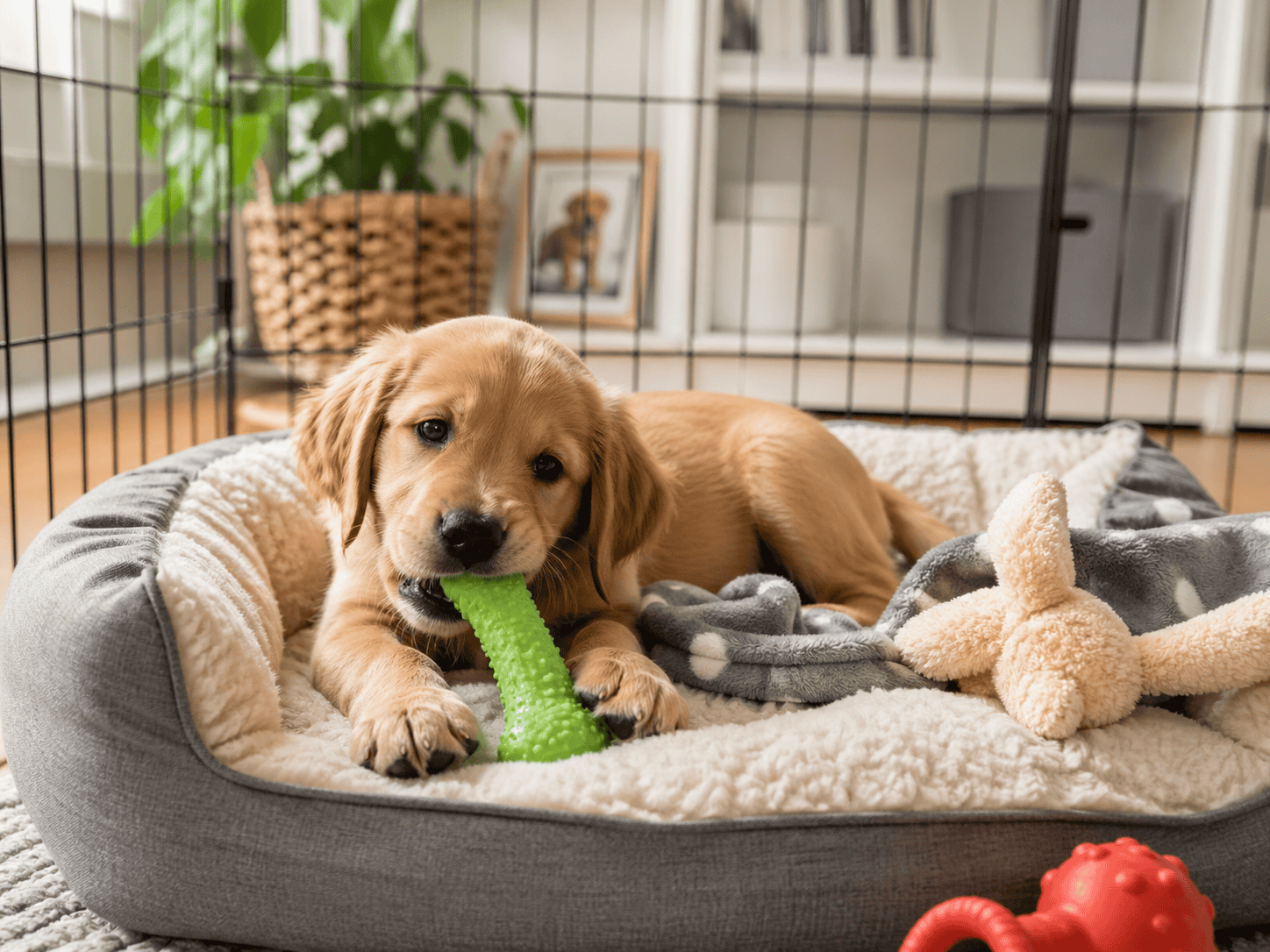 Calm puppy chewing a safe enrichment toy at home