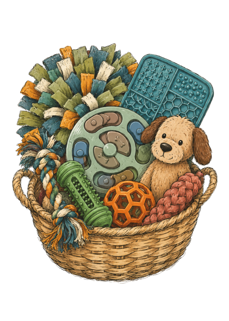 basket of enrichment toys for dogs.