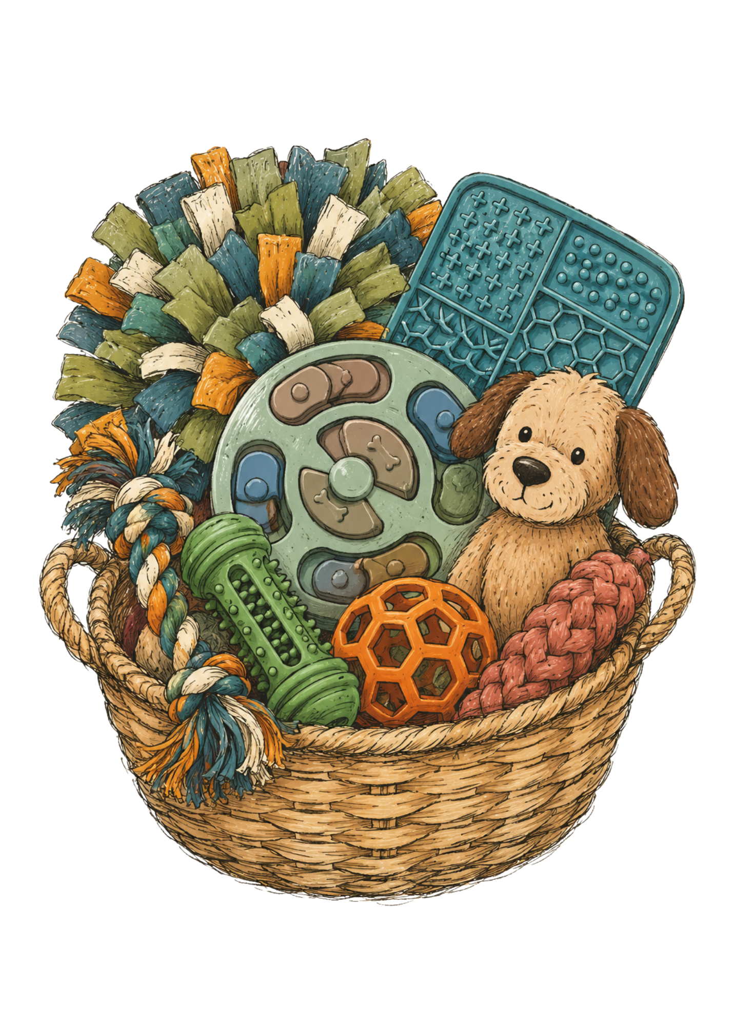 Basket of dog enrichment toys including puzzle toys, lick mats, chew toys, and snuffle activities