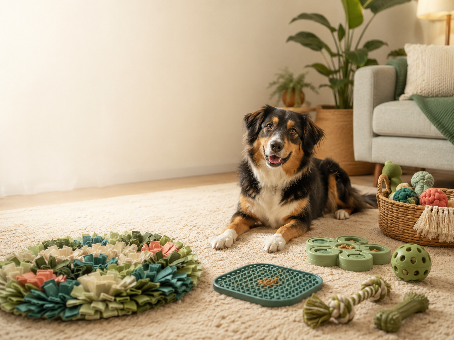 Happy dog with enrichment toys including a snuffle mat, lick mat, puzzle toy, chew toy, and treat ball