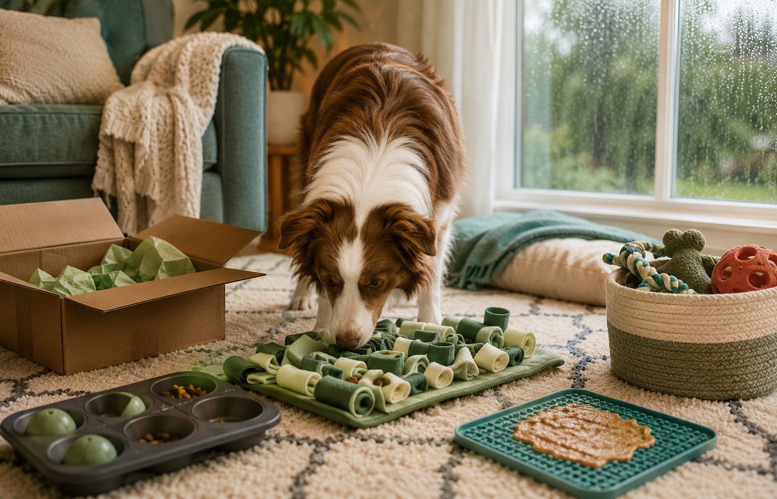 Dog doing indoor enrichment with a snuffle mat, towel roll-up, muffin tin puzzle, and toy basket on a rainy day