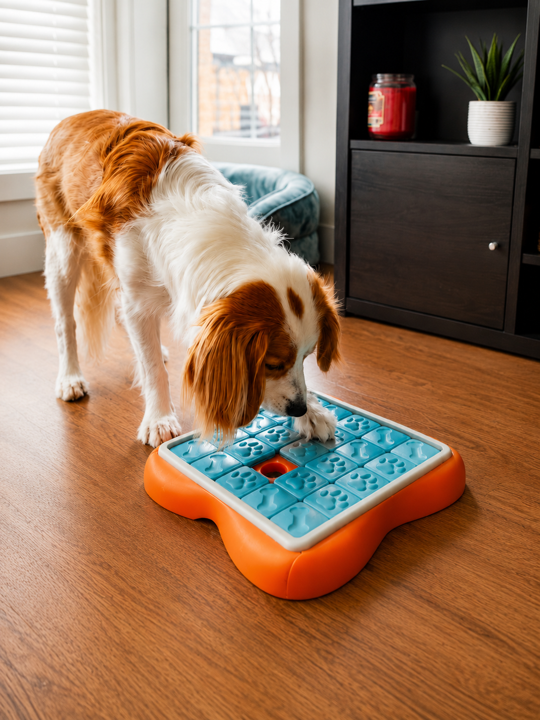 Dog using the Outward Hound Challenge Slider puzzle toy during a supervised enrichment session