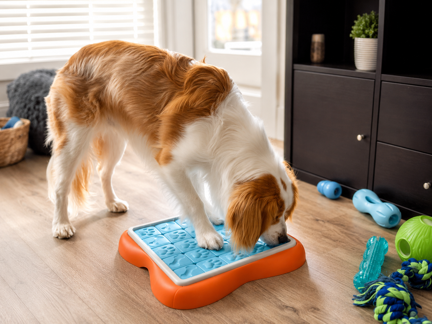 Dog using the Outward Hound Challenge Slider puzzle toy during an enrichment session