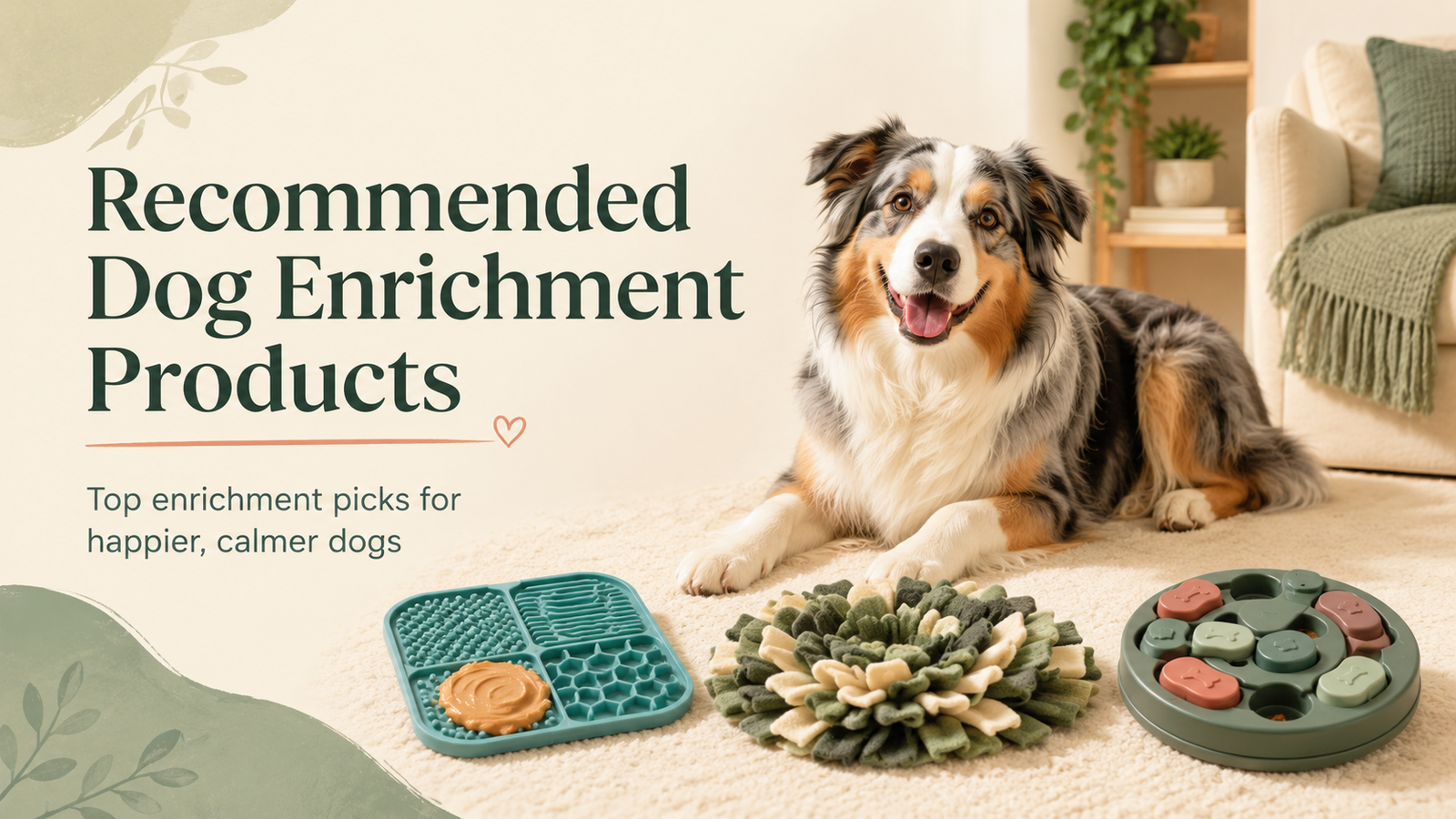 Recommended dog enrichment products including lick mats, snuffle mats, and puzzle toys