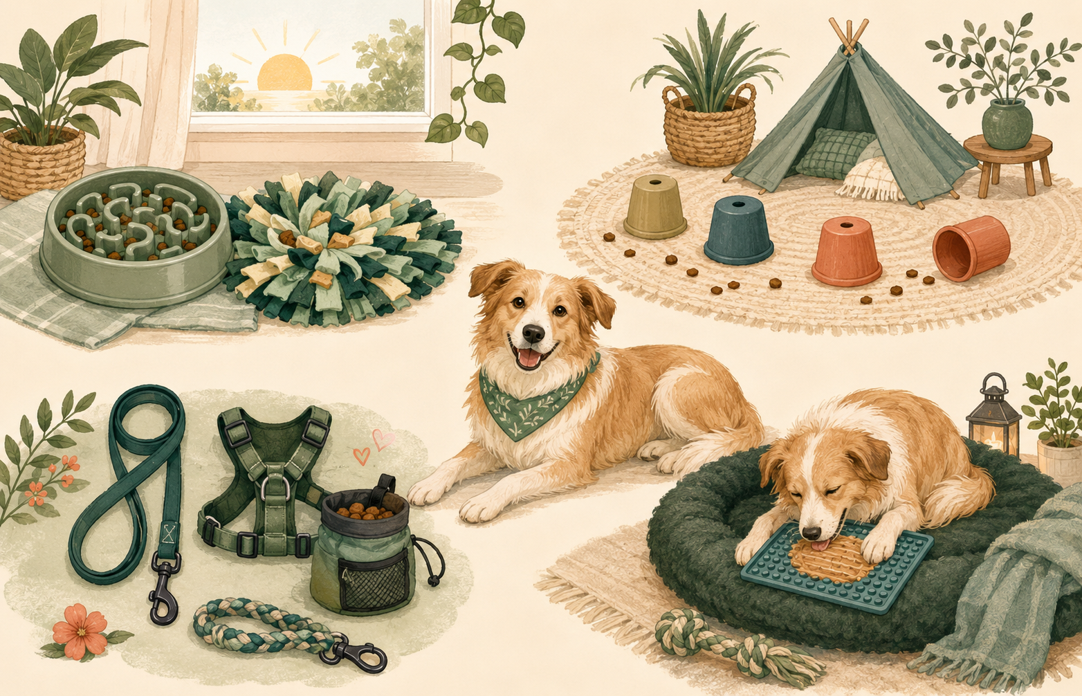 Daily dog enrichment routine with a snuffle mat, treat game, sniff walk items, lick mat, chew toy, and resting mat
