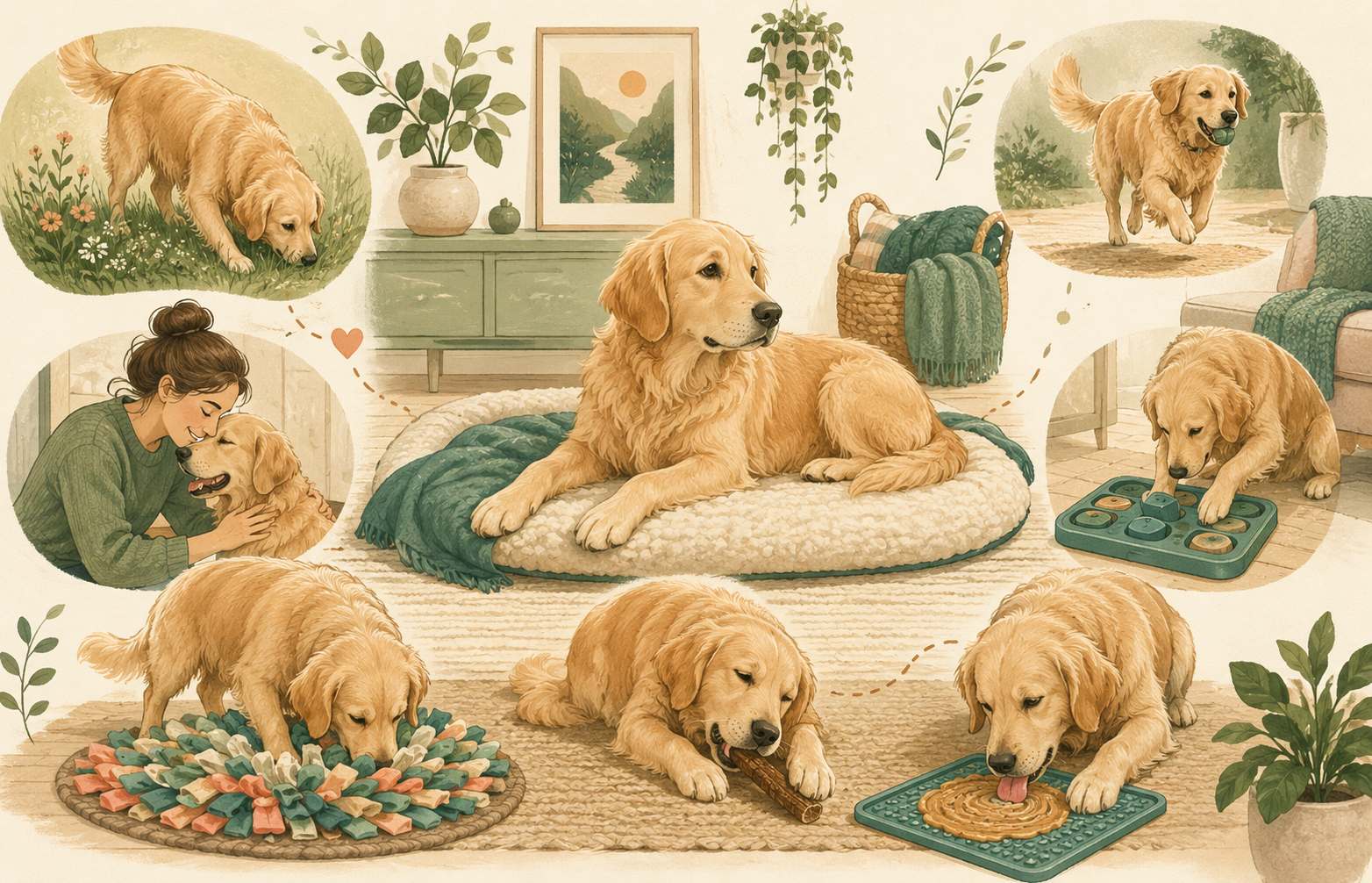 Dog using enrichment activities for sniffing, chewing, licking, problem solving, and rest